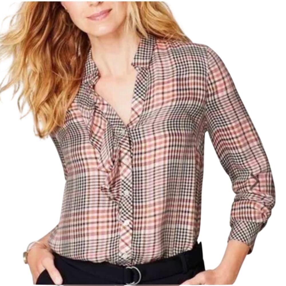 J. Jill Glen Tearose Brown Black Plaid Button-Up Collared ruffle blouse small